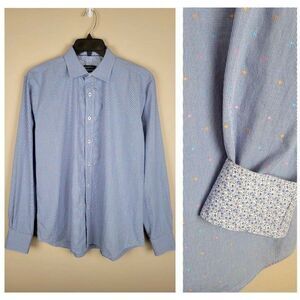 Bugatchi Shaped Fit L Embroidered Multicolor Dots Long Sleeve Button Shirt Blue